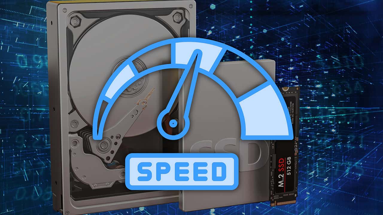 Storage speed comparison tool showing HDD SSD and NVMe results
