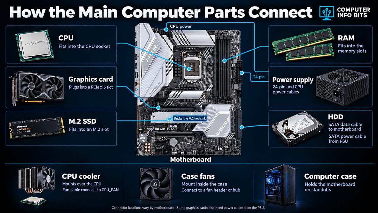 Labeled diagram showing all the computer components and where they go.