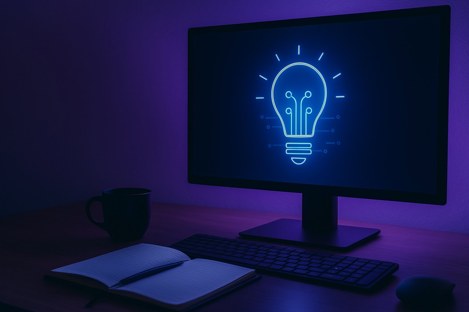 Desktop computer setup with neon lighting for learning