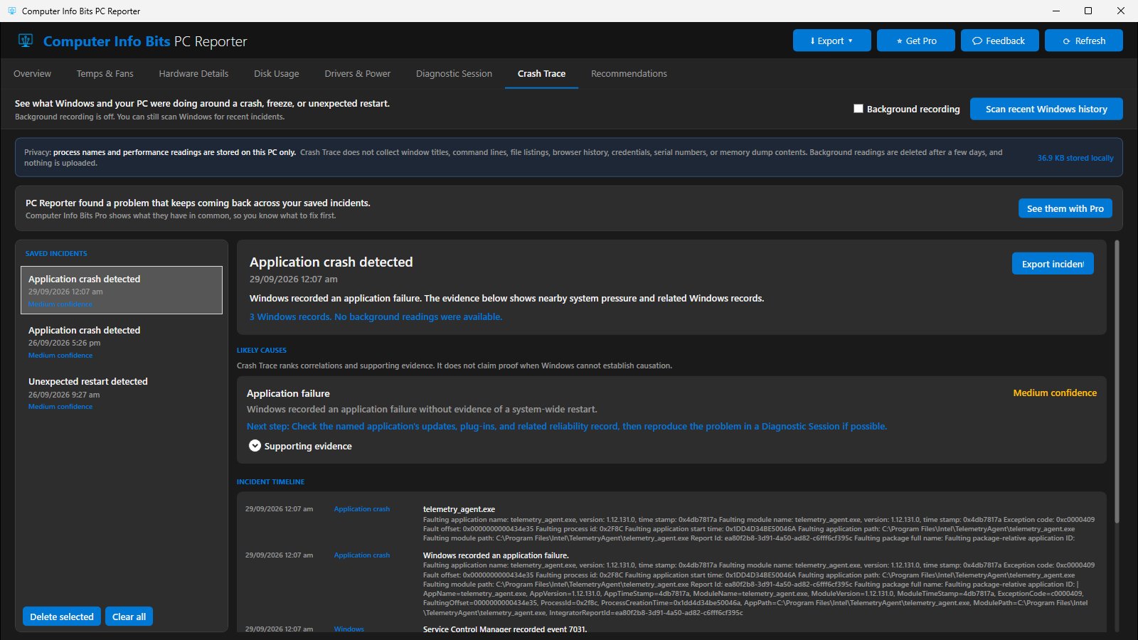 PC Reporter's Crash Trace tab with saved incidents and a prompt to see their repeating problem