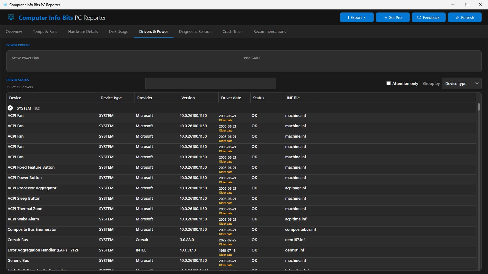 Drivers and Power tab listing drivers grouped by device type with version, date and status