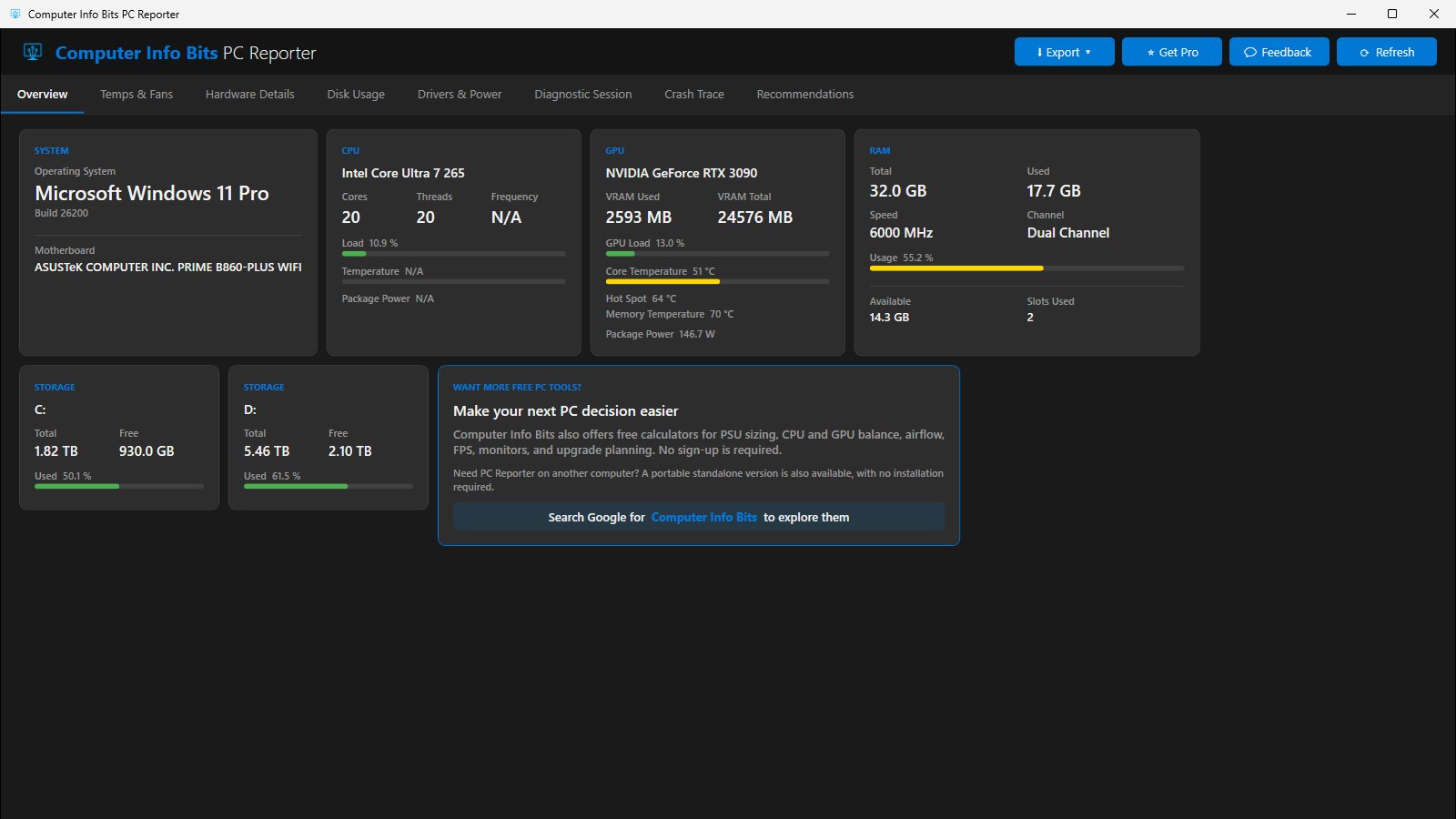 Overview tab showing processor, graphics, memory, and storage readings